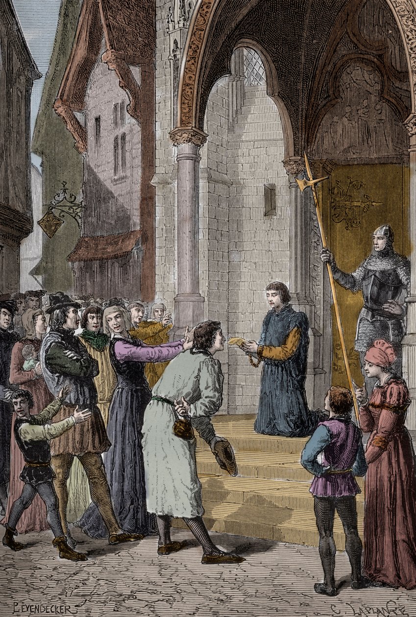 PERKIN WARBECK (c1474-1499) 佛兰德人的冒名顶替者；自称是约克公爵理查德，爱德华一世的第二个儿子--在伦敦威斯敏斯特大厅外宣读他的忏悔。 作者 未知艺术家