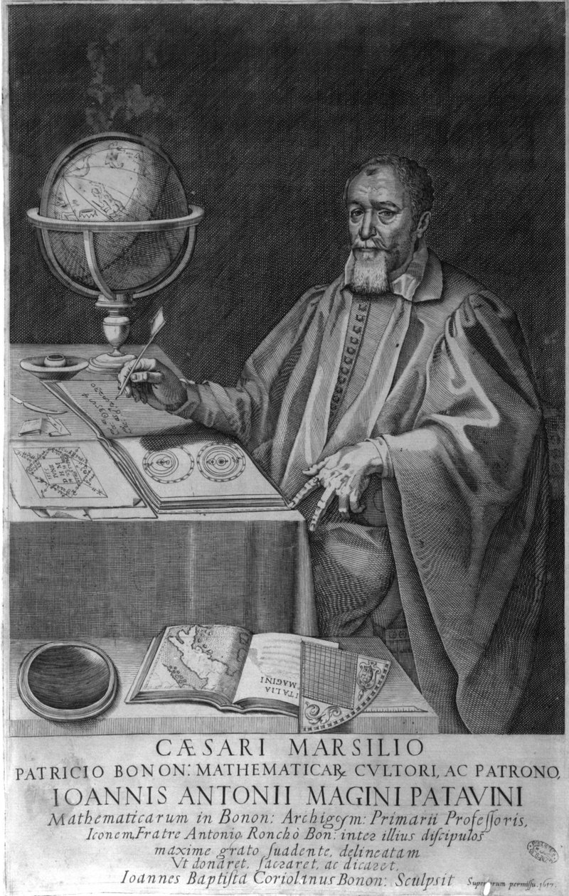 Padova Giovanni Luciano Magini（拉丁语中的Antonius Maginus），16-17世纪的数学家和天文学家，在他的办公室里有天文学家的装置。1617年的版画。 作者 未知艺术家