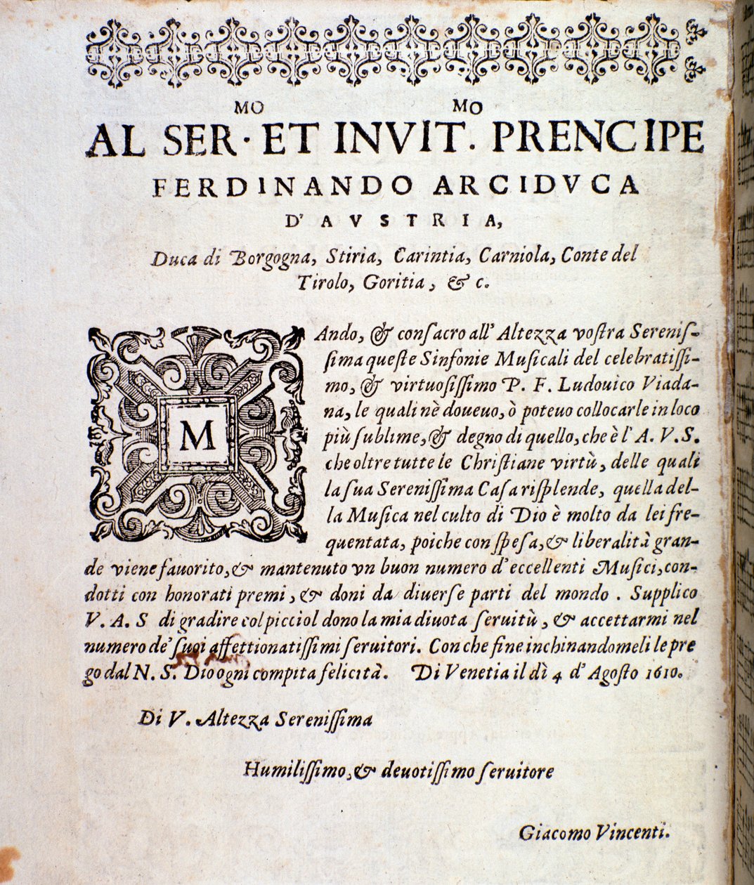 卢多维科·维亚达纳 (Ludovico Viadana) 交响曲乐谱中对奥地利费迪南德 (Ferdinand) 的奉献页面 作者 未知艺术家