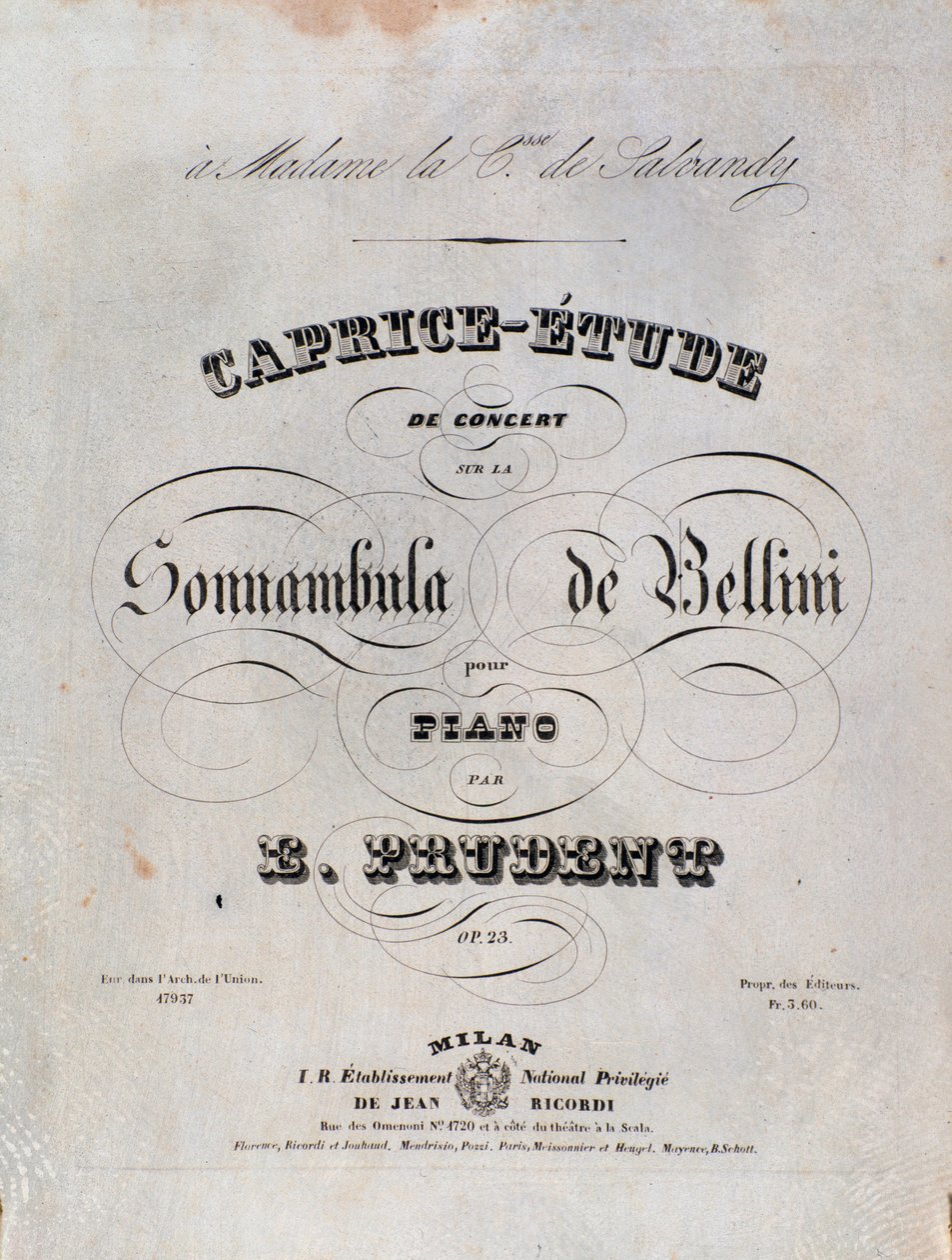埃米尔·普鲁登特 (Emile Prudent) 基于文森佐·贝利尼 (Vincenzo Bellini) 的《奏鸣曲》(La sonnambula) 的钢琴随想曲研究乐谱页面 作者 未知艺术家