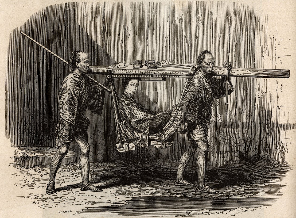 Palanquin has the use of the people, open, the user puts his belongings on the roof before settling in to make his journey. Engraving to illustrate the voyage to Japan in 1863-1864, by Aime Humbert, minister of the Swiss Confederation, in “Le tour du monde 作者 未知艺术家