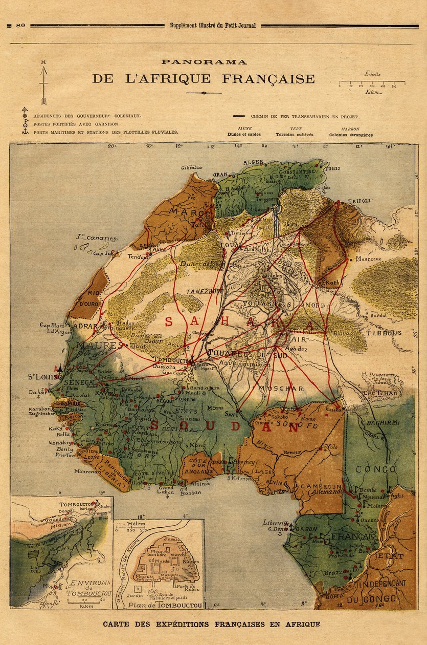 Panorama of French Africa, map of French expeditions in Africa. Engraving in “” Le petit journal”” 5/03/1894. Selva