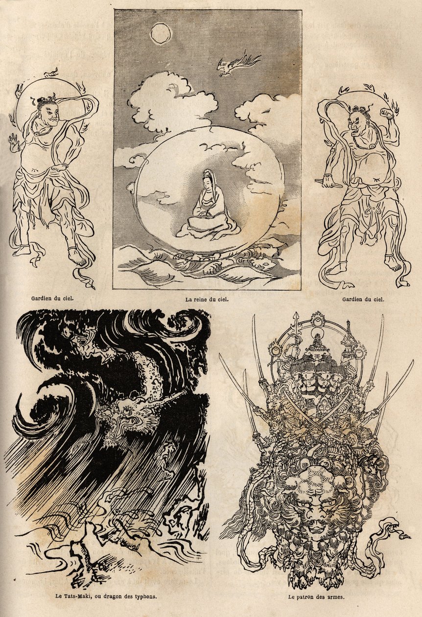 日本诸神的万神殿，一些典型人物的传统代表：天后，两侧有两个卫兵； Maki Tats，台风之龙和武器老板。 雕刻以说明 1863-1864 年前往日本的航行，作者：Aime Humbert，米 作者 未知艺术家