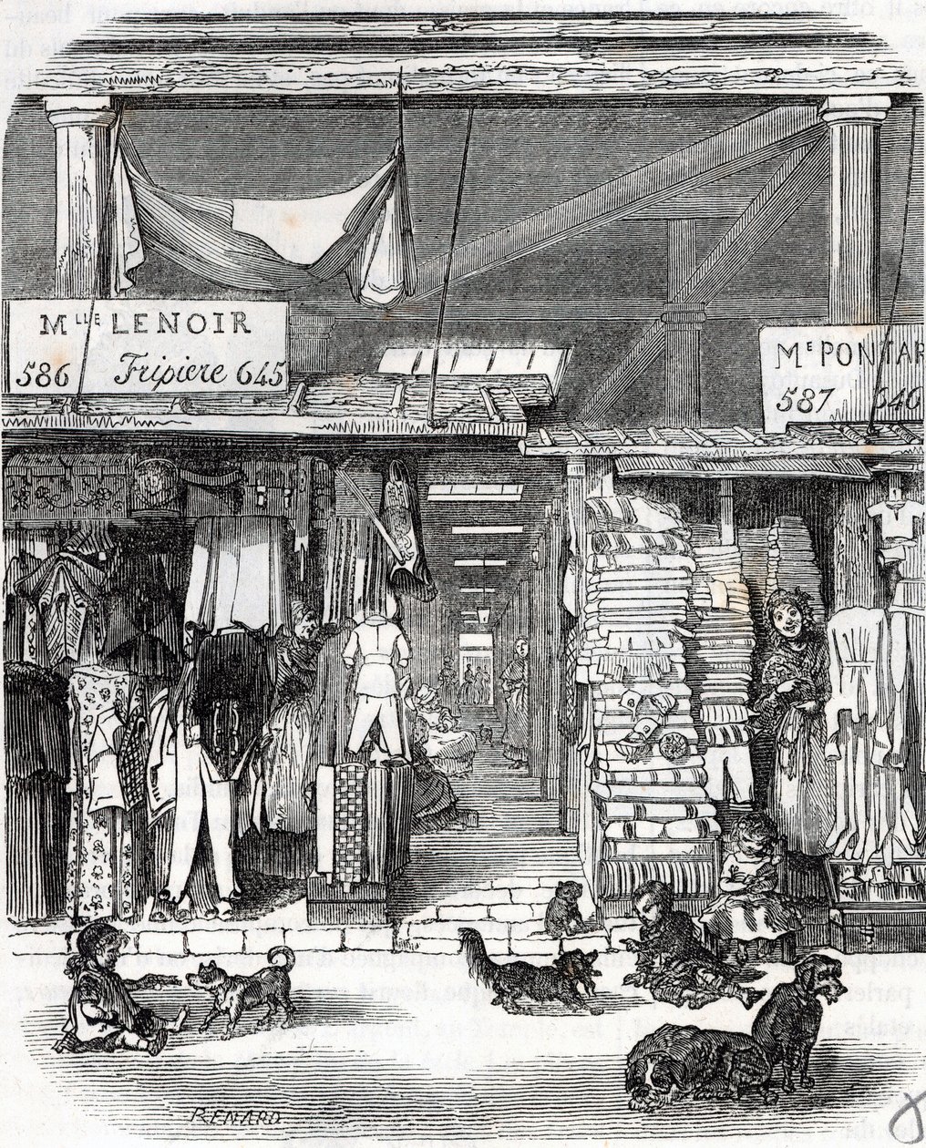 巴黎第三区--花车：19世纪在Carreau du Temple的亚麻布--Edmond Texier的 "Tableau-de-Paris "中的雕刻。 作者 未知艺术家