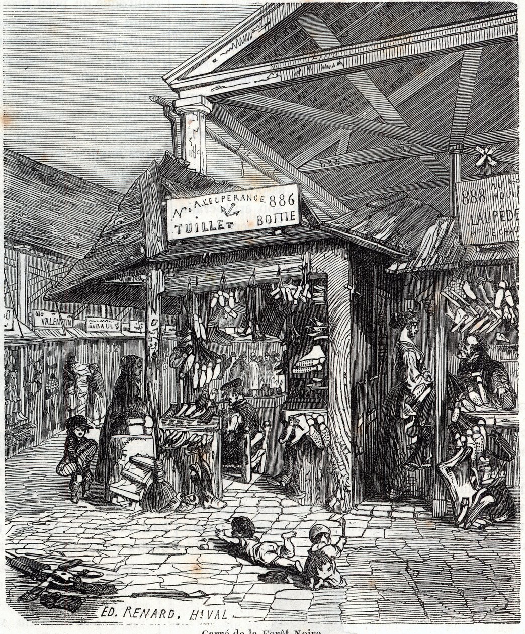 巴黎第三区--Carre de la Foret-Noire：19世纪在Le Carreau du Temple出售皮革和鞋子--Edmond Texier在 "Tableau-de-Paris "中的雕刻。 作者 未知艺术家