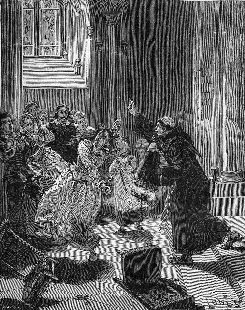 巴黎，Sainte Genevieve教堂（Sainte-Genevieve）（1599年）：一个Capuchin修士试图为一个自称被魔鬼附身的女人Martha驱魔。19世纪的雕版画。载于朱尔斯-米歇尔的《法国史》中 作者 未知艺术家
