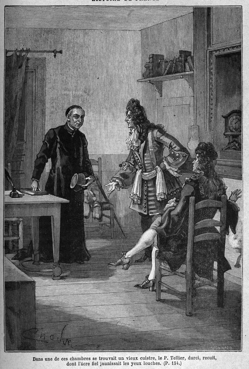 巴黎，耶稣会修道院（现在的查理曼学院）。Pere Michel Le Tellier（1643-1719），法国国王路易十四的耶稣会忏悔者。19世纪的雕版画。载于儒勒-米歇尔的《法国史》。 作者 未知艺术家