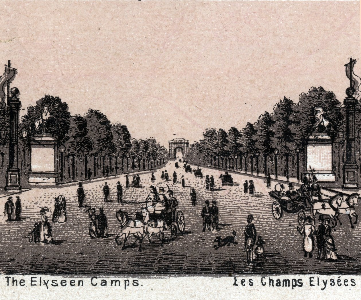 法国巴黎：香榭丽舍大街（Champs-Elysees）的景色。载于《世界图解168景》无日期（19世纪末）。 作者 未知艺术家