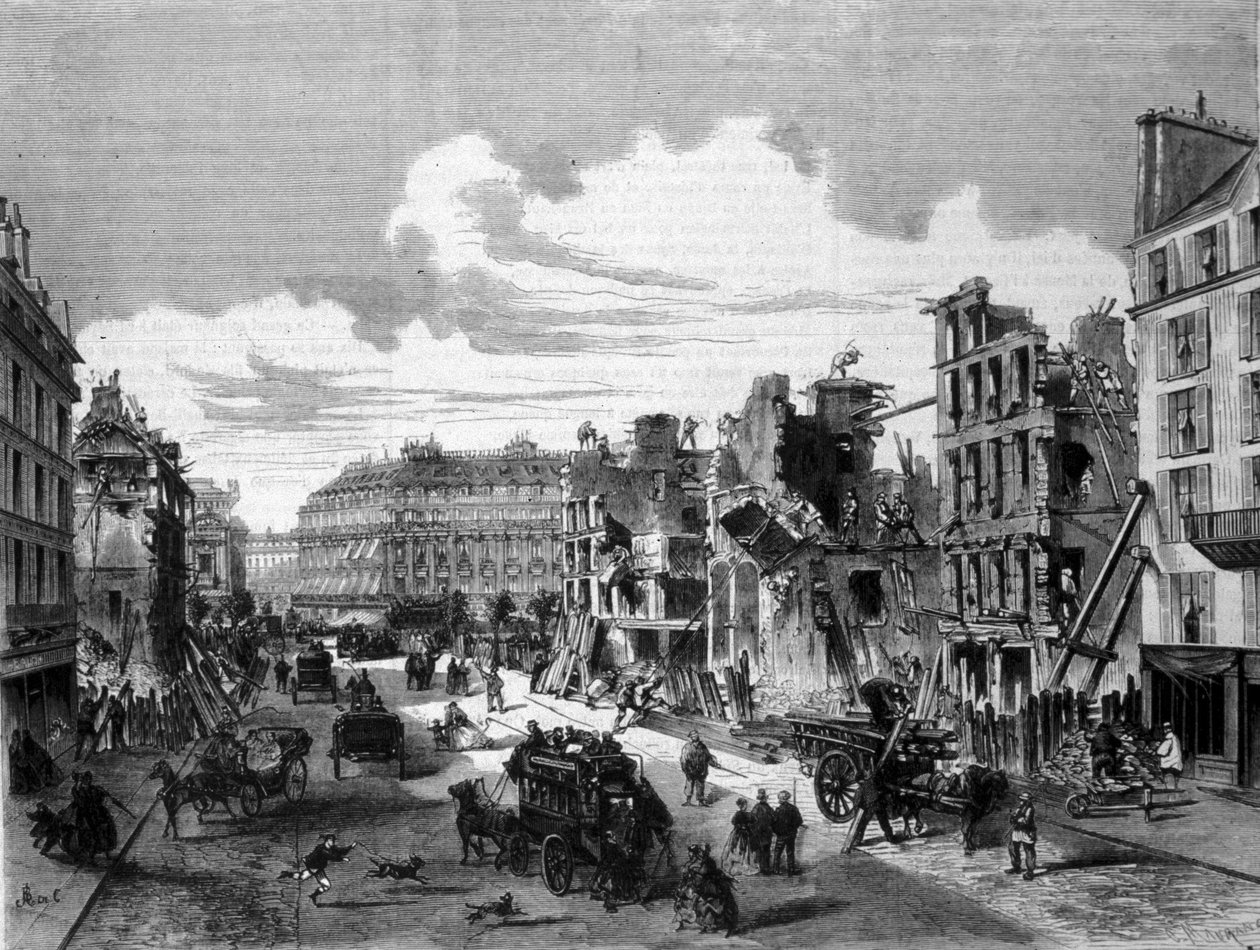 巴黎，拆除 rue de la Paix 以开放 rue de Reaumur。 1868. 19 世纪的雕刻。 作者 未知艺术家