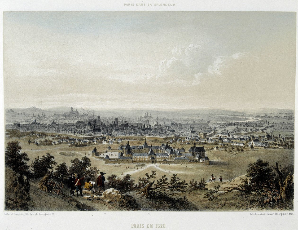 Paris in 1620, general view taken from the Butte Chaumont - lithography 作者 未知艺术家