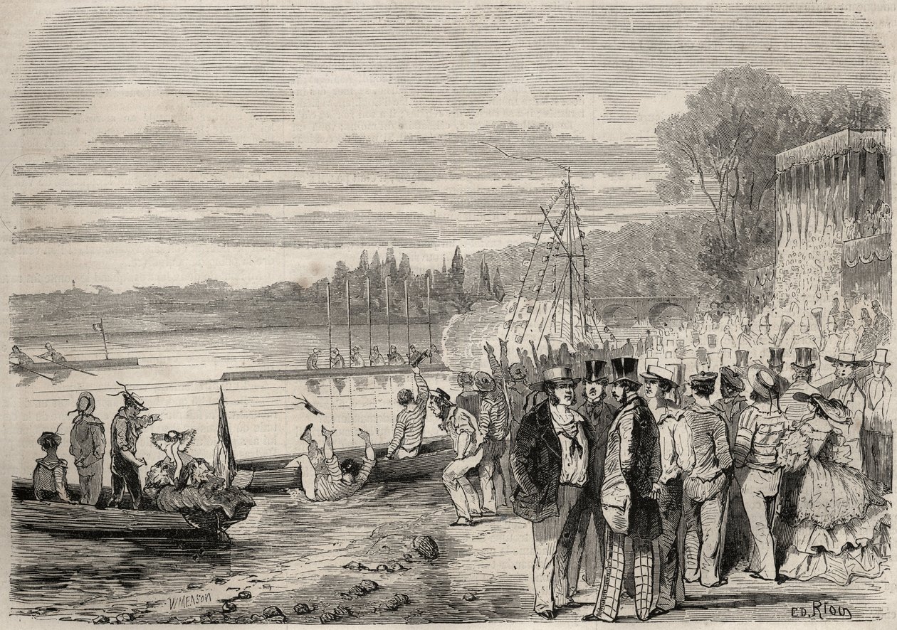 巴黎的独木舟运动员。1857年，圣克劳德（Saint Cloud）的摄政厅。1857年 "Le Monde illustrious "中的雕刻。私人收藏。 作者 未知艺术家