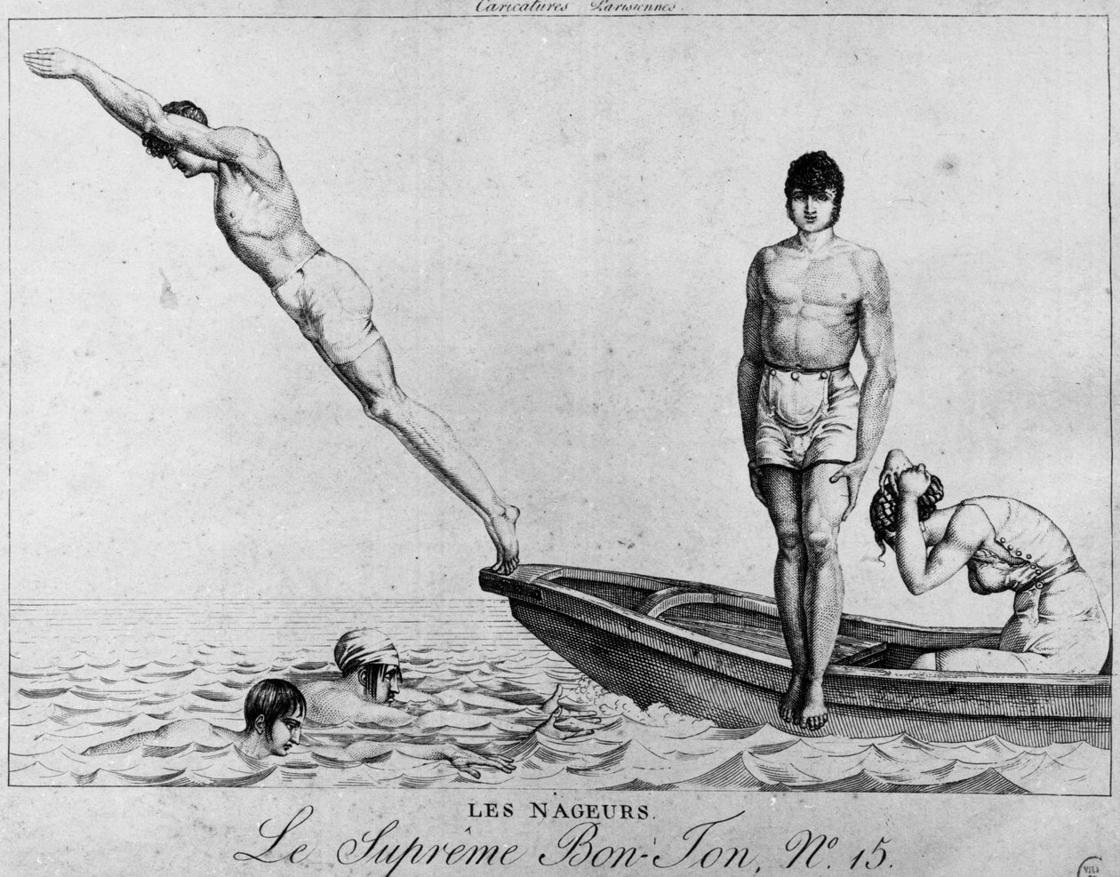 Parisian cartoon: swimmers, men diving from a boat - the supreme Bon-Ton, n°15, Musee Carnavalet 作者 未知艺术家
