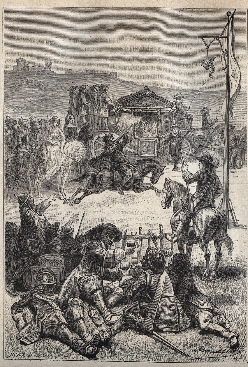 鹦鹉射击--19世纪为沃尔特-司各特（1771-1832）的历史小说《苏格兰的清教徒》（老朽）绘制的插图 作者 未知艺术家