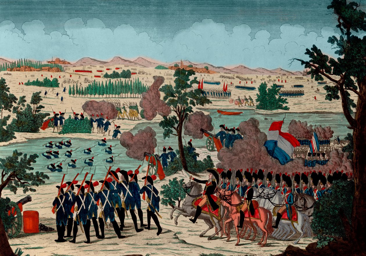 法国掷弹兵在第四年11月（1800年12月20日）通过了明乔河。在波拿巴总司令的注视下--雕刻--1800年--波佐洛战役（又称明乔河战役和蒙赞巴诺战役）--通过明乔河。 作者 未知艺术家