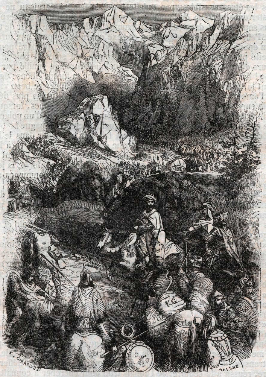 摩尔人通过比利牛斯山脉--1851年的雕刻，出自卢多维科-阿里奥斯托的《愤怒的罗兰》（Orlando furioso）（16世纪），被称为阿里奥斯塔--由特雷桑伯爵从意大利语翻译的版本，1851年由古斯塔夫-哈佛出版。 作者 未知艺术家
