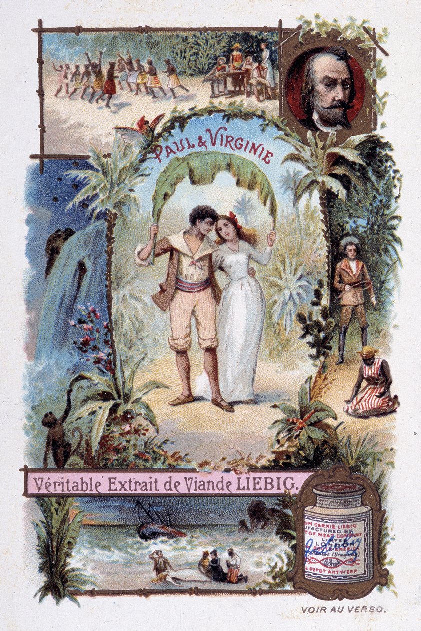 保罗和弗吉尼亚。 罗马作者 Henri Bernardin de Saint Pierre（圣皮埃尔或圣皮埃尔），法国作家（1737-1814）。 V. Massé 的插图 - Liébig 广告插图 作者 未知艺术家