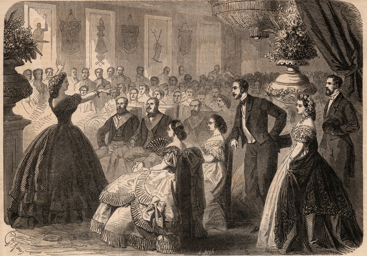 宝琳-维亚多-加西亚（Viardot Garcia）（1821-1910），法国歌手，在巴黎大东方的马孔尼克会所 "La perseverante friendship "举办的慈善庆典上演唱。雕刻在1862年的 "杰出世界 "中。私人收藏。 作者 未知艺术家