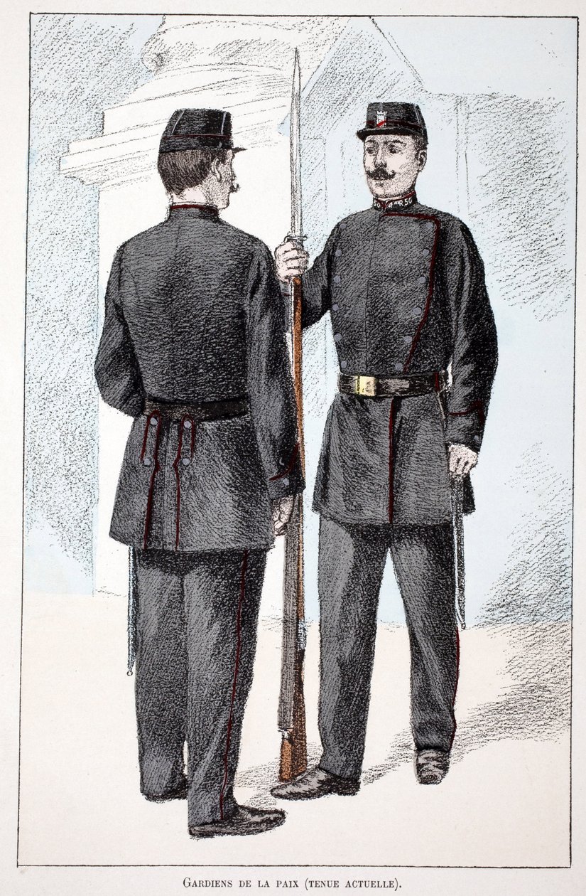 维和人员（勒平时期）。 蚀刻颜色，作为插图“”Histoire du corps des gardiens de la paix ”””由塞纳河警察局长 Louis Lepine (1846-1933) 主持出版的书，作者是 Alfred Rey (1864-?) 和 Louis Feron (1862- 作者 未知艺术家