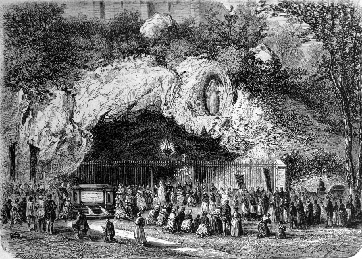 Pelerins 位于高比利牛斯山脉的卢尔德奇迹洞穴前，1858 年圣母在那里向 Bernadette Soubirous (1844-1879) 显现，现在是朝圣地。 19 世纪的雕刻 作者 未知艺术家