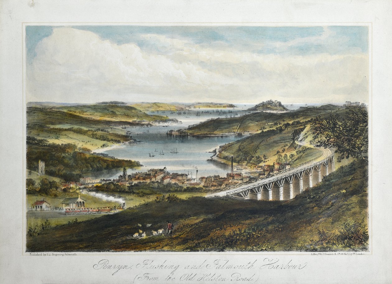 彭林、法拉盛和法尔茅斯港（来自旧赫尔顿路），c.1860-80（纸上彩色平版印刷） 作者 未知艺术家