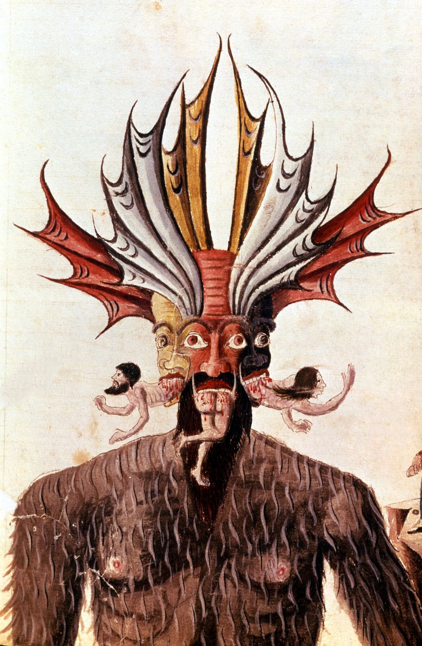 路西法（魔鬼）在但丁的《神曲》中的表演。 14 世纪手稿。 Biblioteca Trivulziana，米兰。 作者 未知艺术家