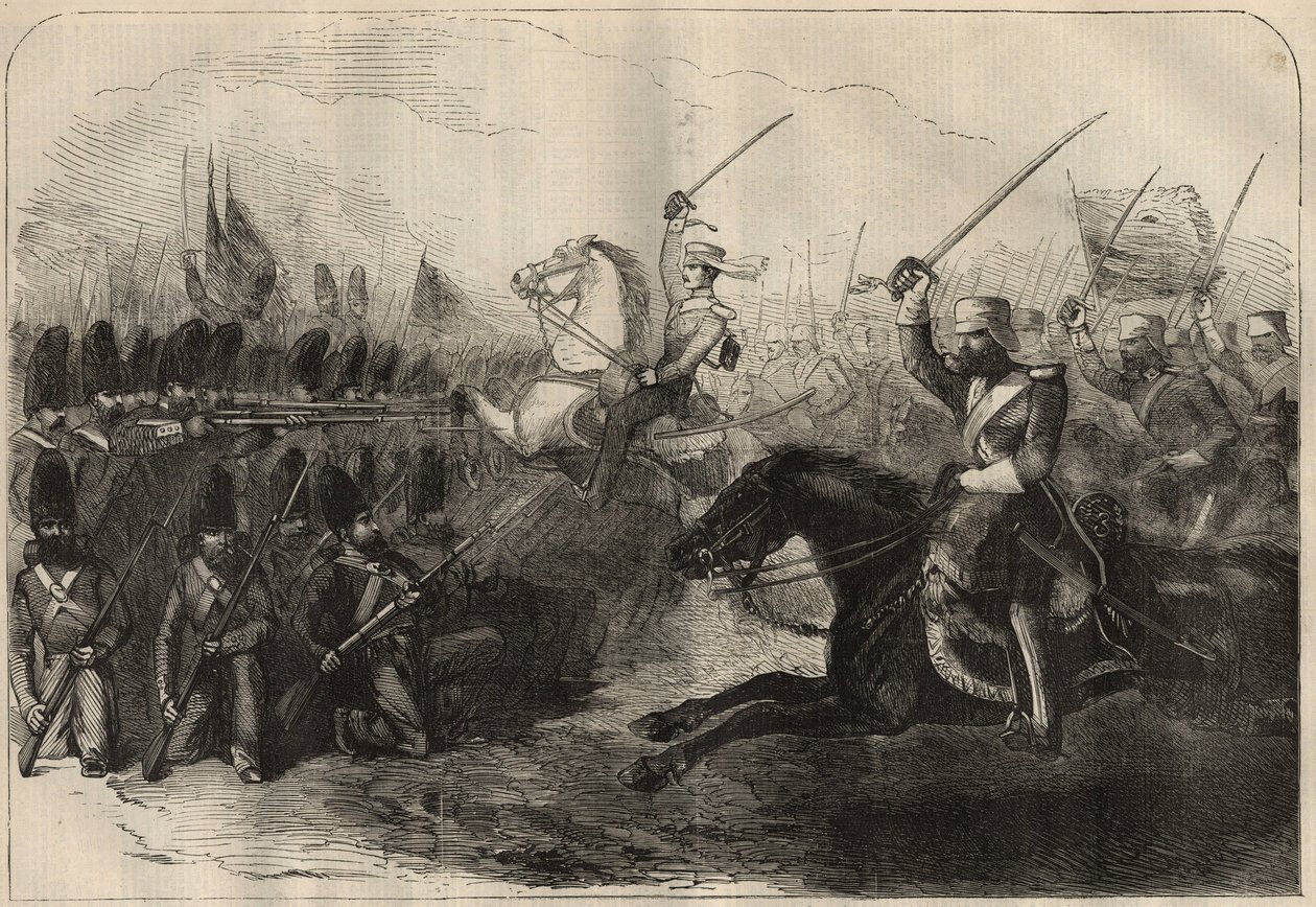 波斯盎格鲁（Anglo-Persian）战争（1856-1857）：2月8日在Koosh-Ab（Koosh Ab，Kooshab）战役中由福布斯上尉指挥的第三支英国印度骑兵队的冲锋 作者 未知艺术家