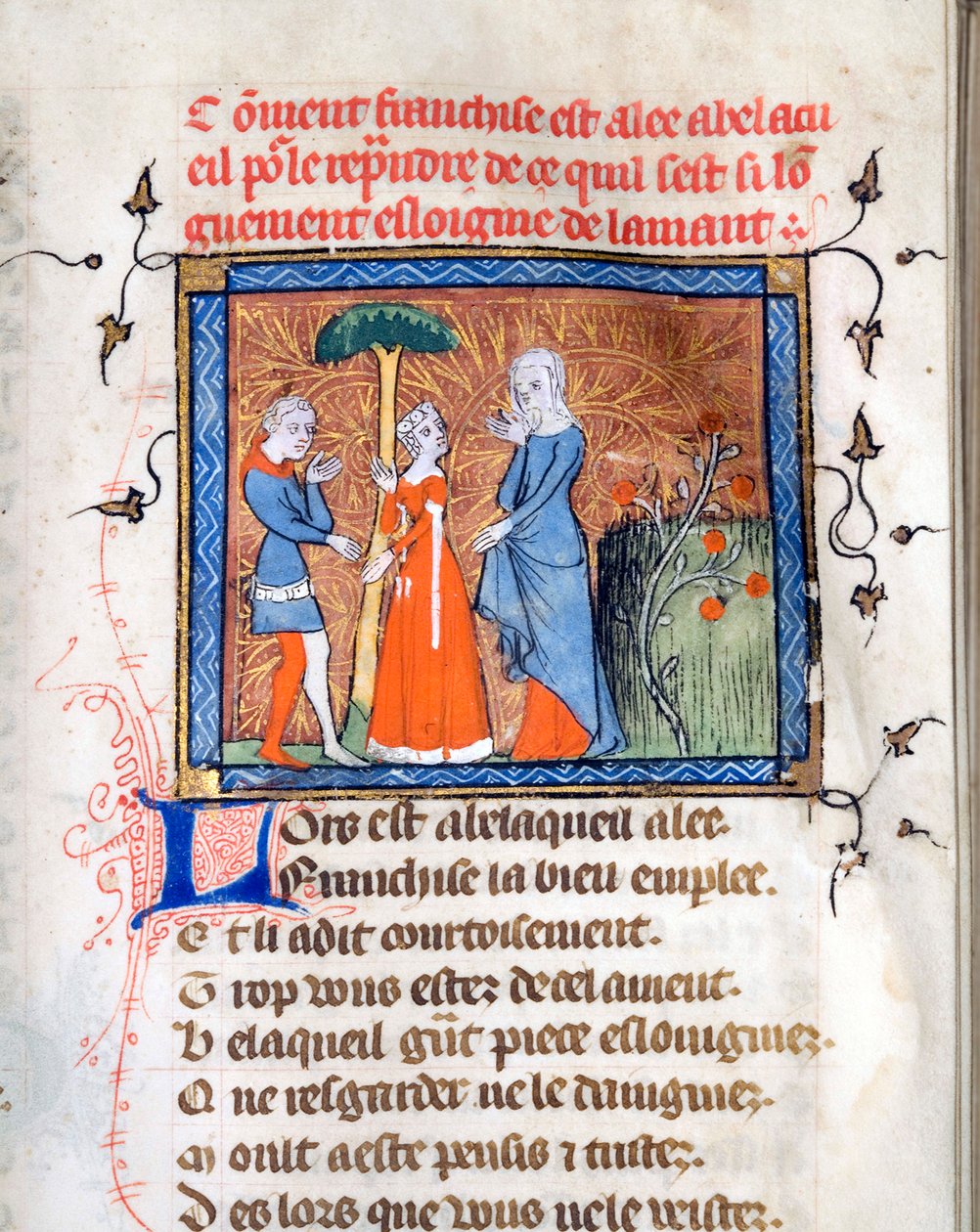 "来自 Guillaume de Lorris（约 1200-1238）和 Jean de Meun（Meung）（1240-1305）手稿 "Le Roman de la Rose "的插图页，约 1365 年 芝加哥大学图书馆 美国 作者 未知艺术家