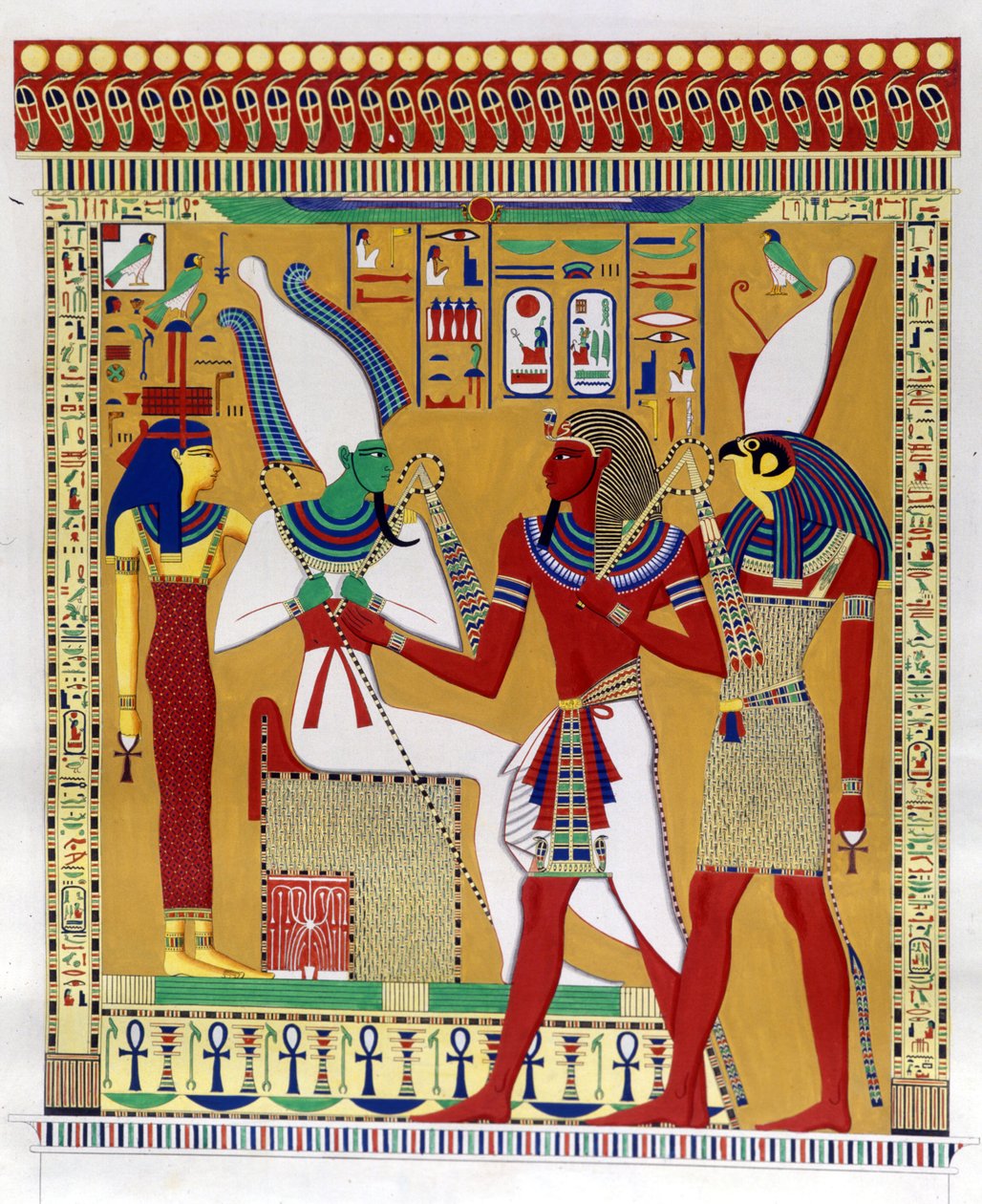 Pharaoh Merenptah 1st (or Mineptah, Merneptah) (1213-1204 BC) guided by Horus in the presence of Osiris and Athyr infernal. From the left: Athyr, Osiris, Merenptah I and Horus. (Biban-el-Moluk) - in “” Monuments of Egypt and Upper Nubia”” by Ippolito Rosel 作者 未知艺术家