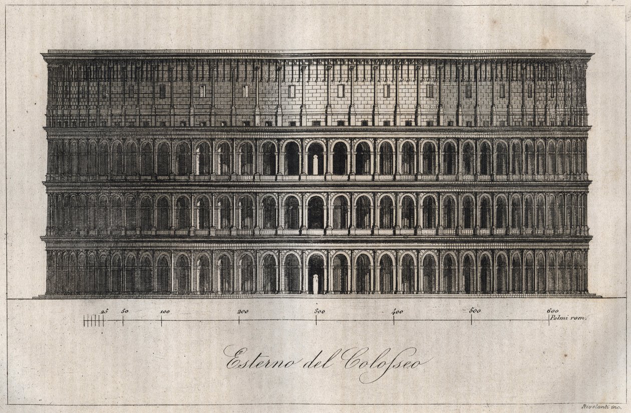 Plan Exterieur du Colisee - 罗马竞技场的外观 - 雕刻自 "Usi e Costumi di Tutti i Popoli dell Universo"。或各国政府、法律、民兵、宗教的历史，从最遥远的时代到现在。 作者 未知艺术家