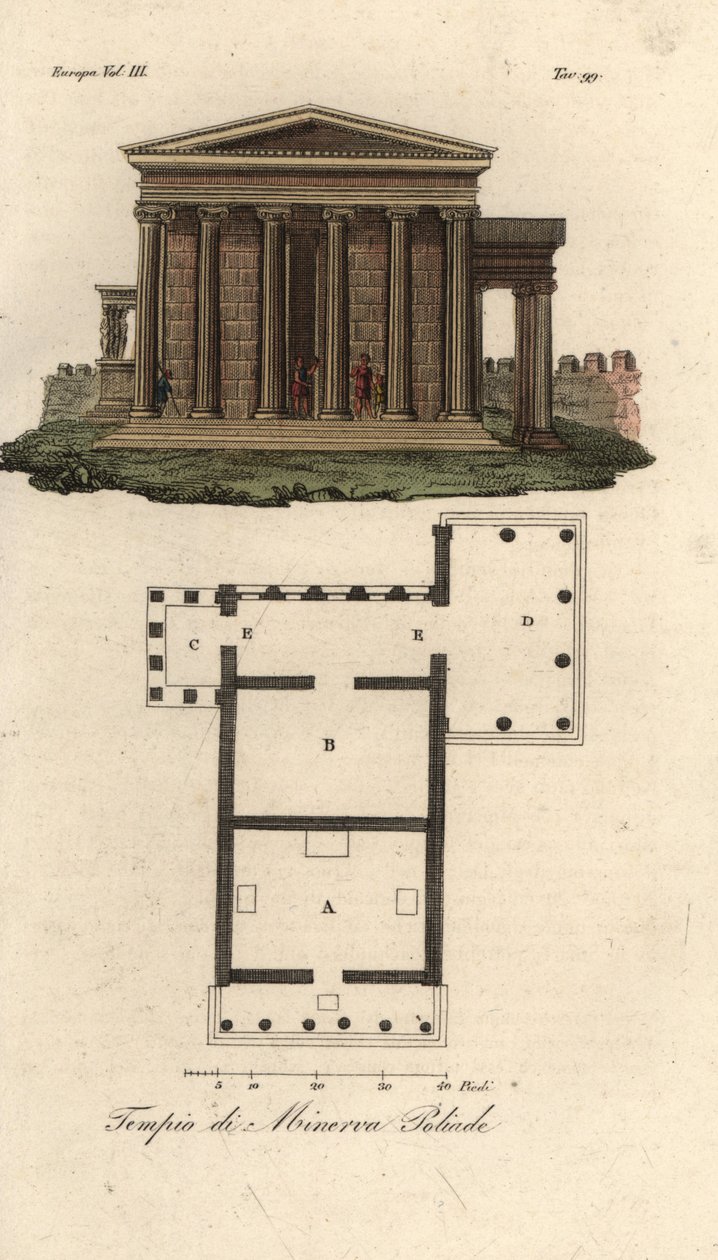 Erechtheion 或 Erechtheum A、海王星神庙 B、密涅瓦波利亚斯神庙与女像柱 C 和 Pandrosus 神庙或 Pandrosion D 的平面图和立面图 作者 未知艺术家