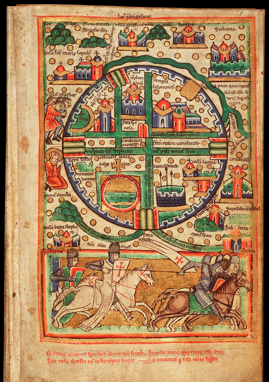 Plan de Jerusalem (Israel) - Aquarelle sur parchemin, extrait d