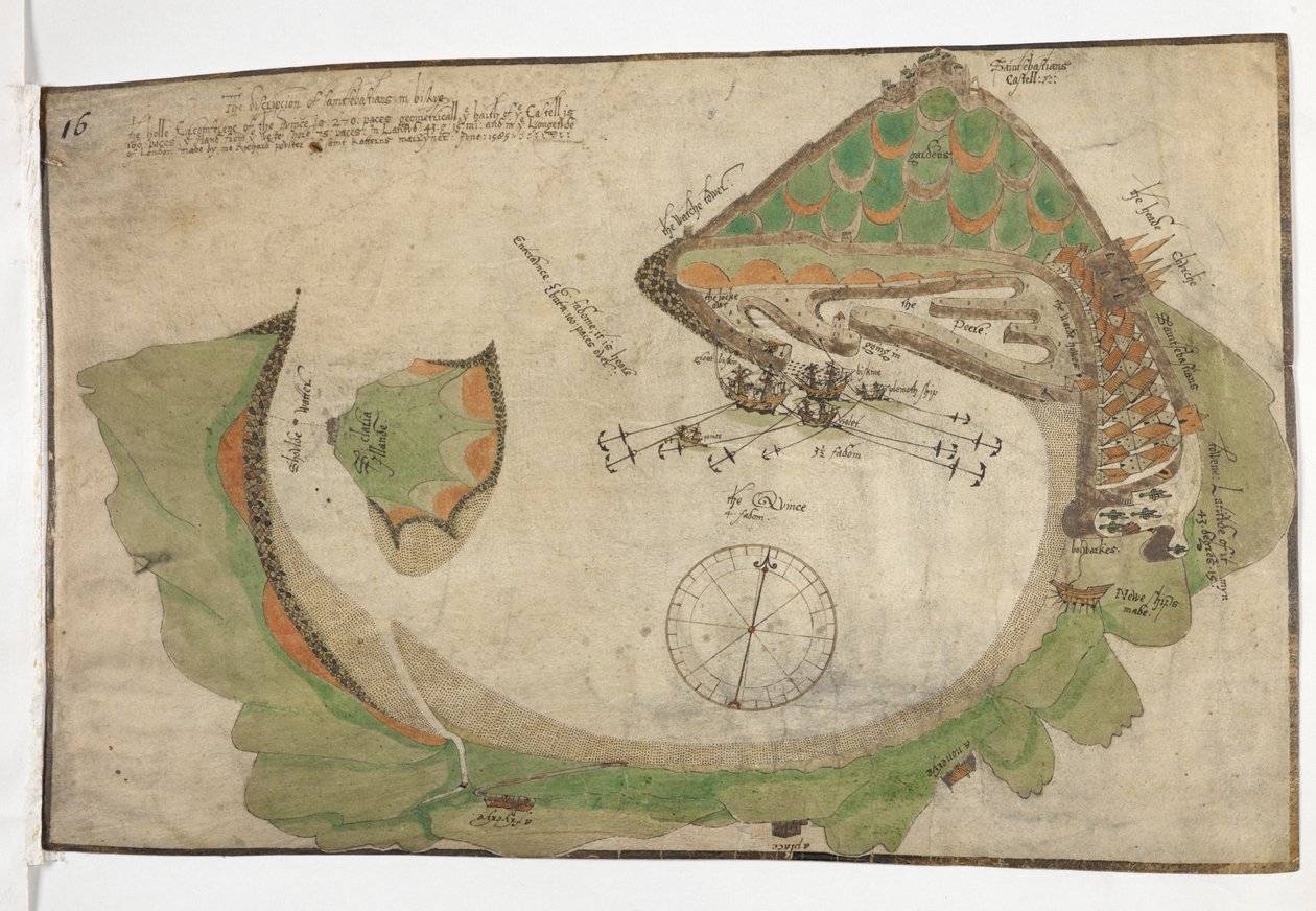 圣塞巴斯蒂安城镇和港口平面图，由理查德·保尔特 (Richard Poulter) 绘制，1585 年 6 月 作者 未知艺术家