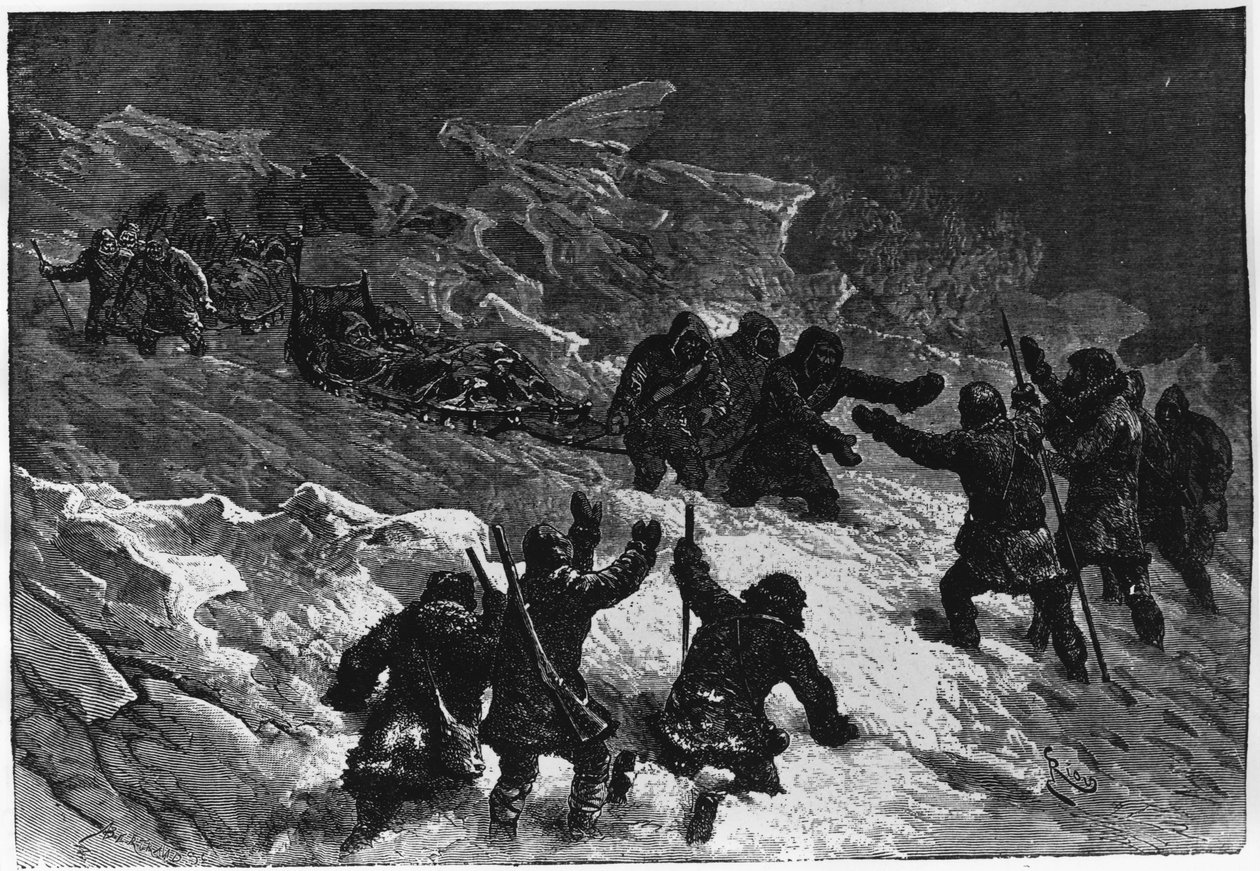Pôle nord: rencontre des sleds de Markham - Nares Georges S., Un voyage à la mer polar, Paris: Hachette 作者 未知艺术家