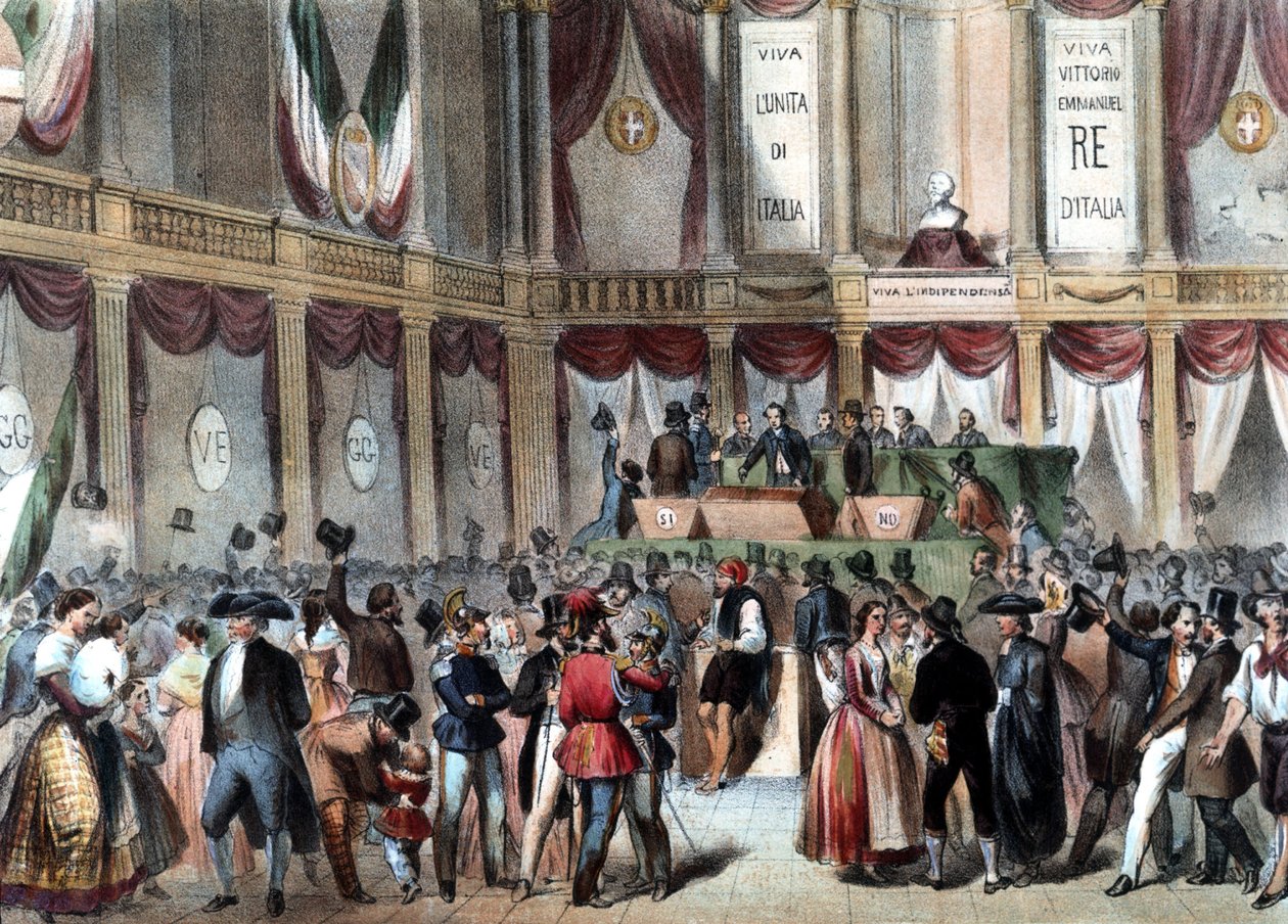 Plebiscite for the annexation of the Kingdom of Naples to Italy in 1860. In the background: Viva Vittorio Emmanele (Victor Emmanuel) Re D