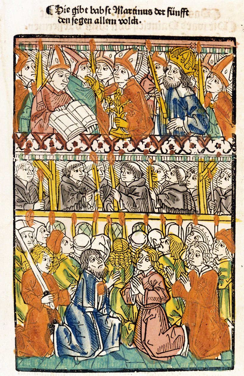 Pope Martin v（1368  -  1431）在康斯坦茨委员会（1417年）选出的康斯坦理事会（1417），以结束西方的伟大分裂进行祝福。 “Das concilium” 作者 未知艺术家