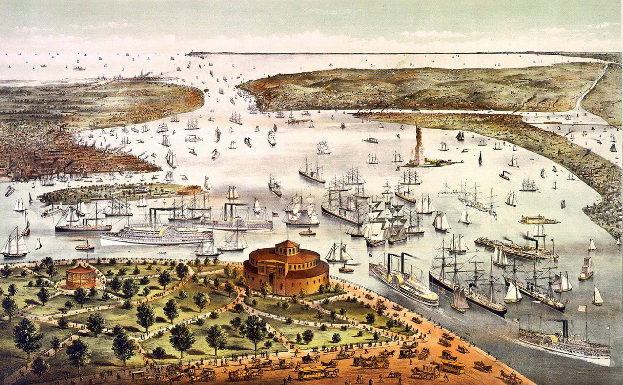 纽约港；空中景观。雕版印刷品，1892年。 作者 未知艺术家