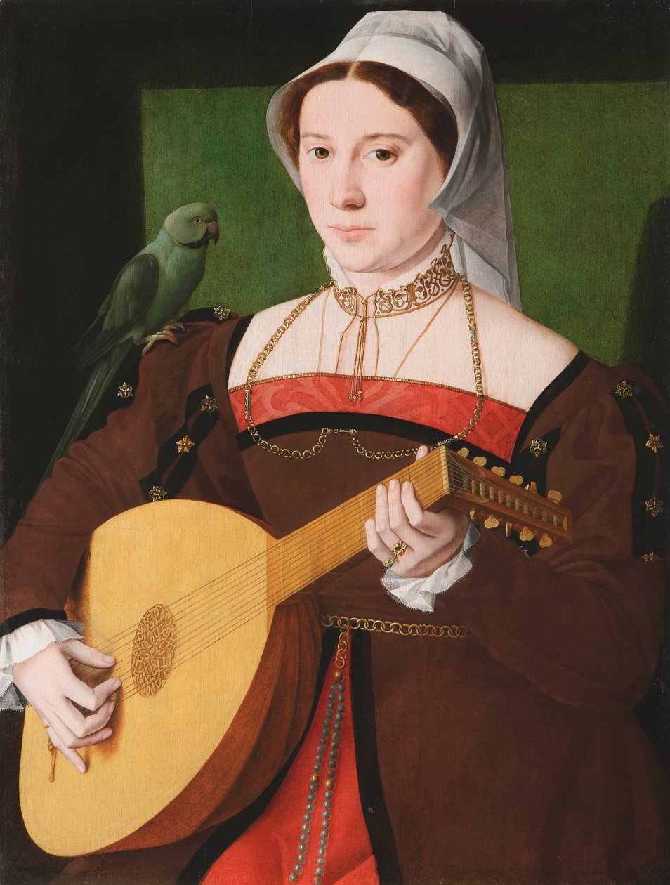 ""Portrait de femme jouant du luth avec perroquet sur son epaule"" (Portrait of a woman playing a lute, with a parrot on her shoulder) Peinture anonyme vers 1540 Oil on wood, 70x55 - Fondation Custodia 作者 未知艺术家
