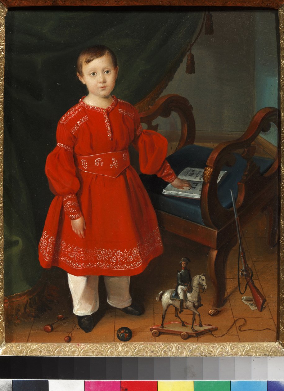 "Portrait de petit garcon en robe rouge posant parmi ses jouets et un abecedaire" (Portrait of a boy in a red dress with toys and an alphabet book) Peinture anonyme vers 1840 谢尔盖耶夫波萨德艺术和教学玩具博物馆 作者 未知艺术家