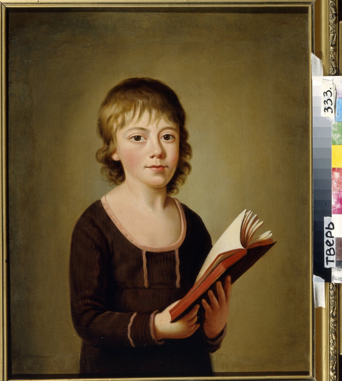 Pyotr Alekseievich Galitzine (Golitsyne) 伯爵肖像（Pyotr Alexeyevich Golitsyn 伯爵肖像）。手持一本打开的书的少年。无名画作，布面油画，19 世纪早期。特维尔地区艺术画廊（俄罗斯） 作者 未知艺术家
