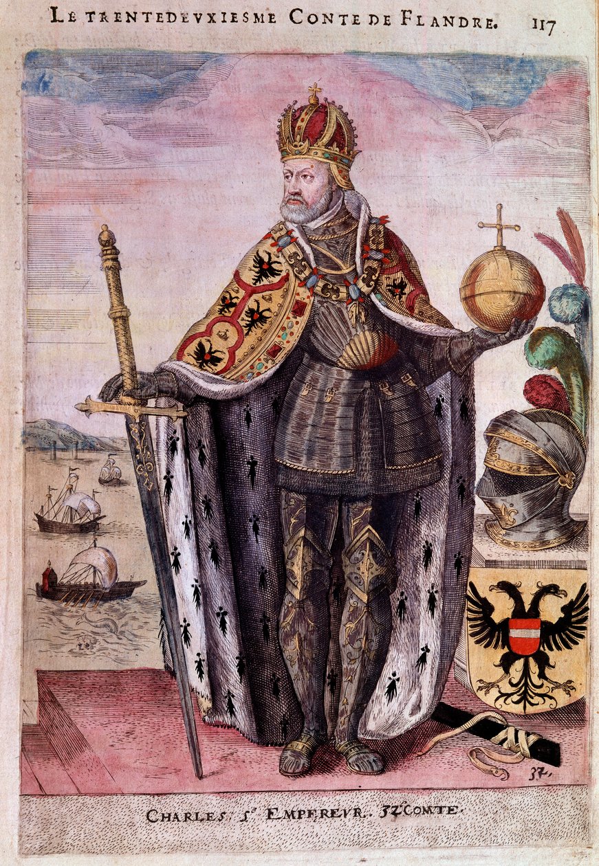 查理五世（1500-1558）脚下的肖像，16 世纪法兰德斯版画的三十秒内，巴黎，B.N. 作者 未知艺术家