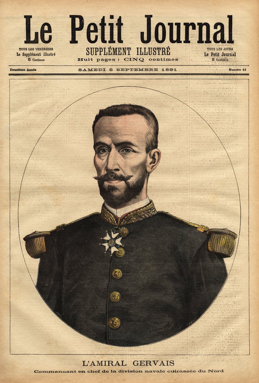 北方海军师团总司令热尔维上将（1837-1921）的画像。1891年9月5日 "小杂志 "上的雕版。塞尔瓦的收藏。 作者 未知艺术家
