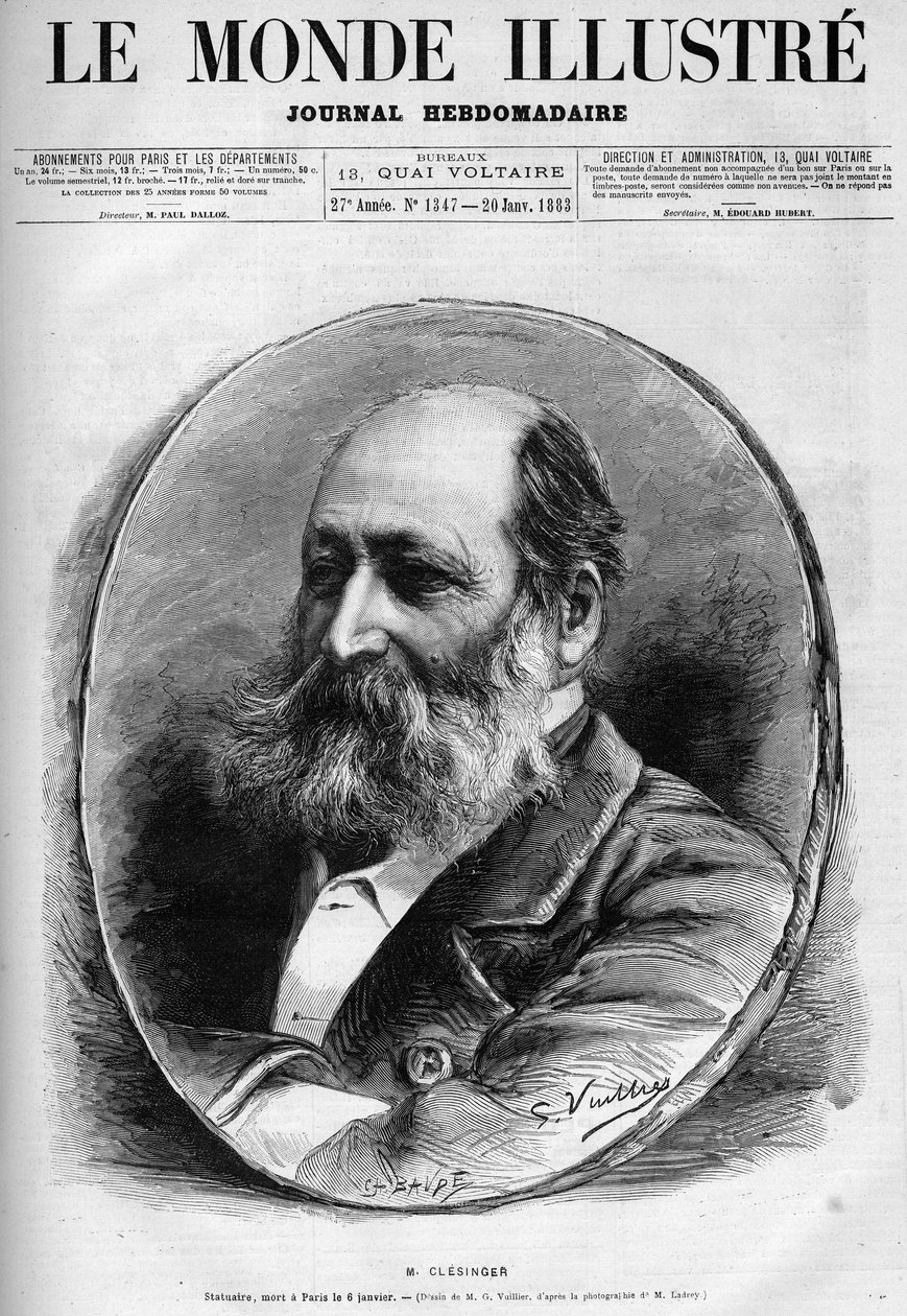 奥古斯特-克莱辛格（1814-1883）的肖像，法国雕塑家和画家。雕刻在 "Le Monde illustrious" 1883年。私人收藏。 作者 未知艺术家