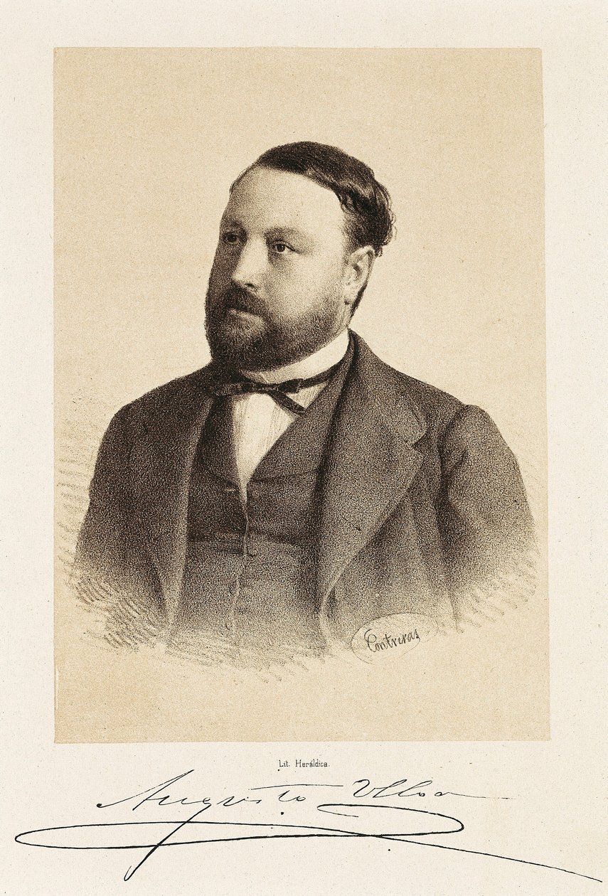 西班牙政治家奥古斯托·乌洛亚 (1823-1879) 的肖像。 雕刻马德里，国家图书馆。 作者 未知艺术家