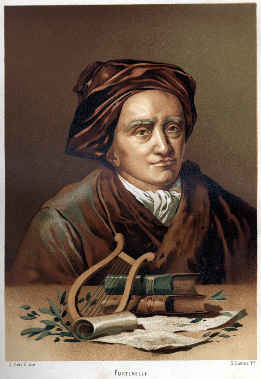 伯纳德-勒布耶（Le Bovier）的肖像，作者是丰特奈尔（1657-1757）。19世纪末的彩色石版画。根据路易-菲吉埃的 "La Ciencia y sus Hombres "改编。巴塞罗那 1881年 作者 未知艺术家