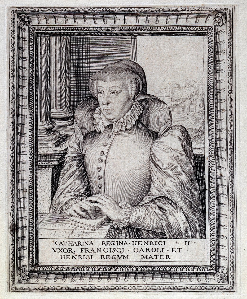 法国王后凯瑟琳·德·美第奇 (Caterina de Medicis) (1519-1589) 的肖像。 16 世纪的雕刻。 波城，杜城堡博物馆 作者 未知艺术家
