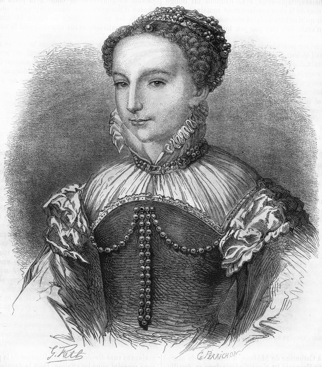 凯瑟琳-德-美第奇（Caterina de Medici）（1519-1589）的肖像，是法国国王亨利二世的妻子。19世纪的雕版画。 作者 未知艺术家
