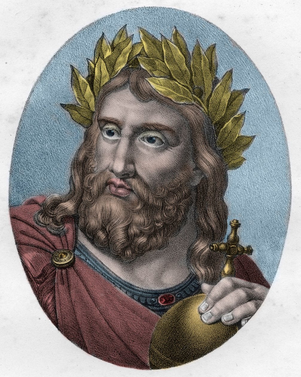 法兰克人国王查理曼（查理一世称大帝，Carolus Magnus，742-814）的肖像--查理大帝，法兰克人国王--雕版画 作者 未知艺术家