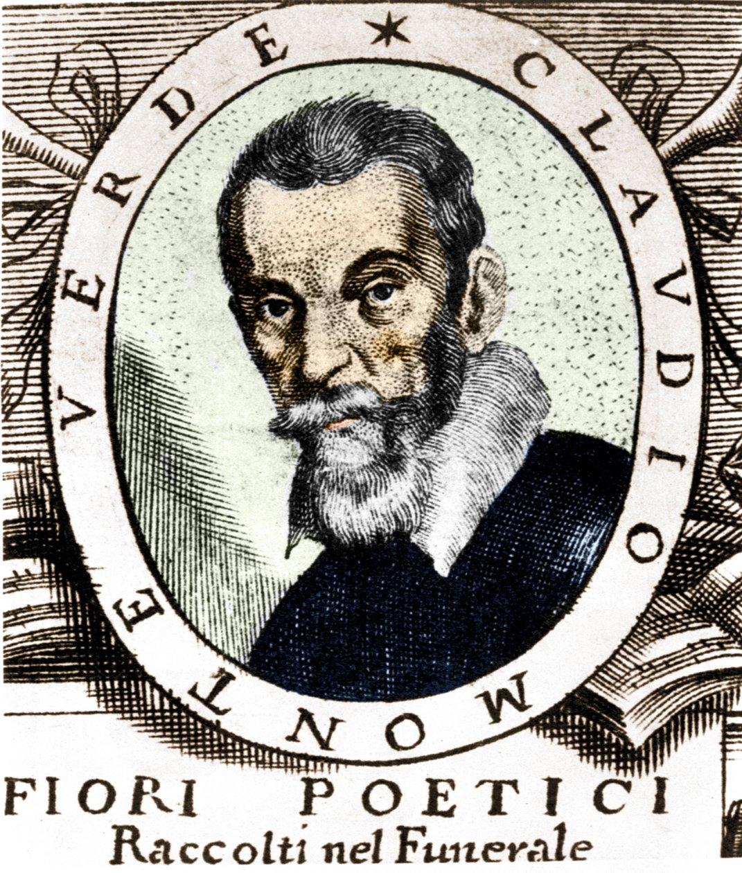 克劳迪奥·蒙特威尔第 (Claudio Monteverdi) 的肖像，取自 1644 年在威尼斯出版的非常杰出且非常可敬的克劳迪奥·蒙特威尔第 (Claudio Monteverdi) 先生的葬礼中收集的诗意花卉卷首画。 作者 未知艺术家