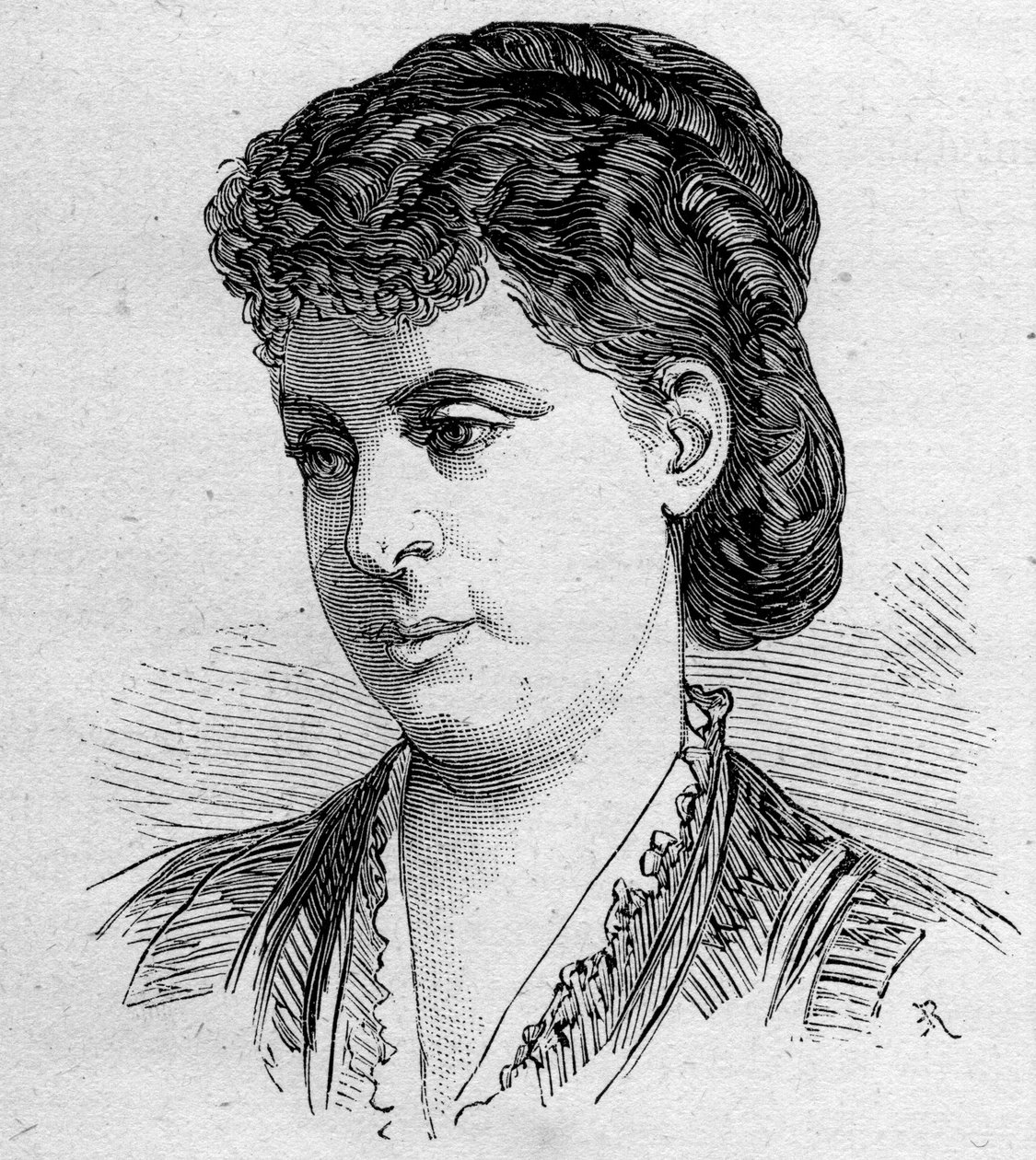 Edile Riquer的肖像，法国喜剧演员，1856年至1884年为法国喜剧团成员。1879年8月16日《世界画报》第1168期上的版画。 作者 未知艺术家