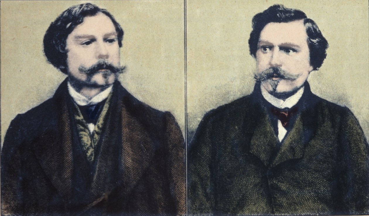Edmond Goncourt (1822-1896) 和 Jules Goncourt (1830-1870) 兄弟作家的肖像。 作者 未知艺术家